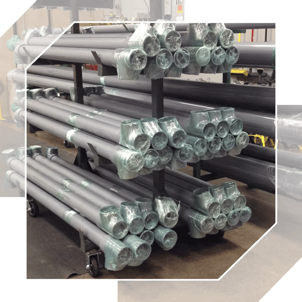 Stainless steel piping is wrapped and ready to ship to the job site